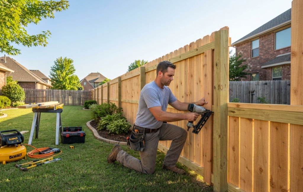 Edmond OK fences repair professional installing and repairing a wooden privacy fence in a residential backyard with quality craftsmanship and durable materials
